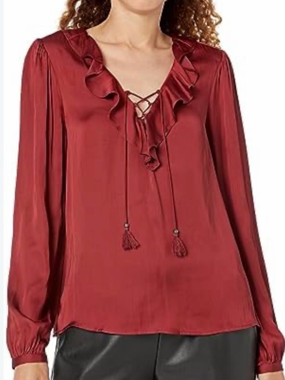 PAIGE Wine Red Ruffle Tie-Neck Long Sleeve Blouse
